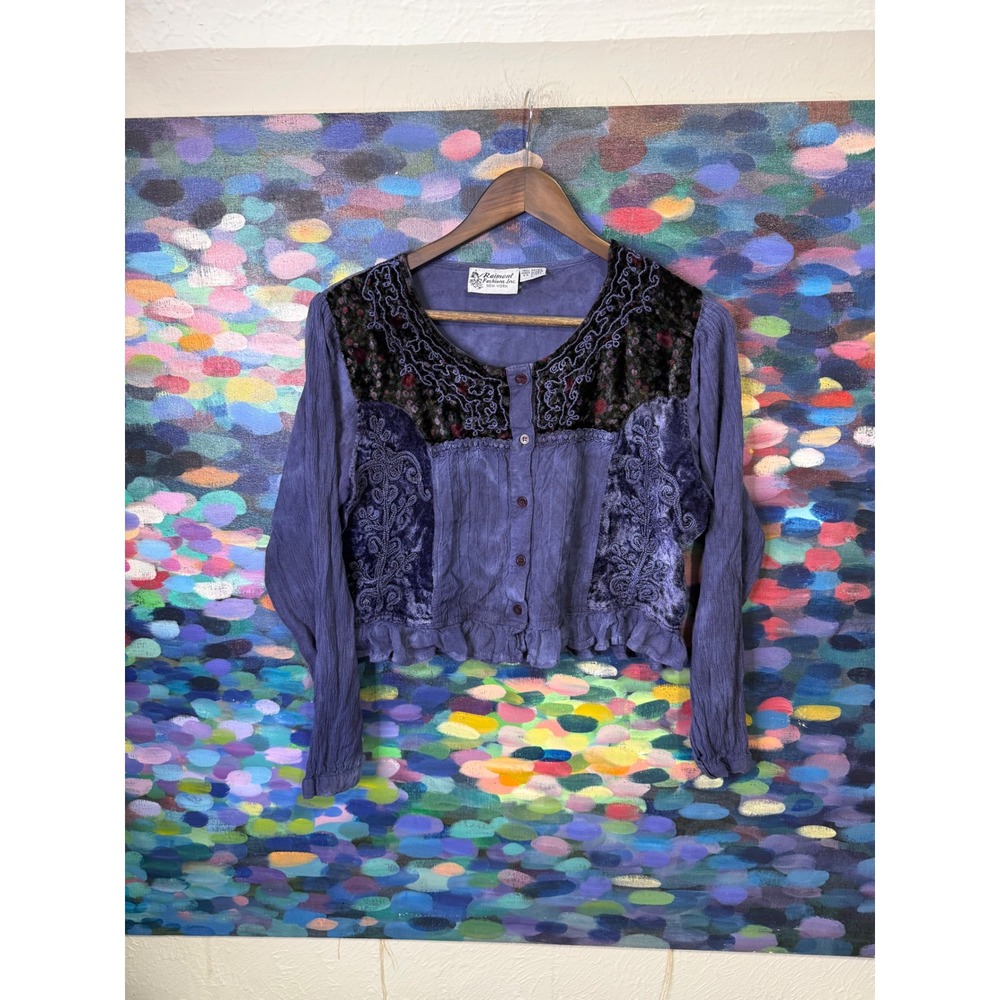 Vintage Raiment Fashions Purple Velvet Embroidered Crinkle Rayon Cropped Blouse